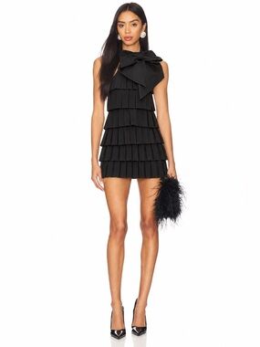 Balmain Black Oversized Bow Tiered Pleated Mini Dress